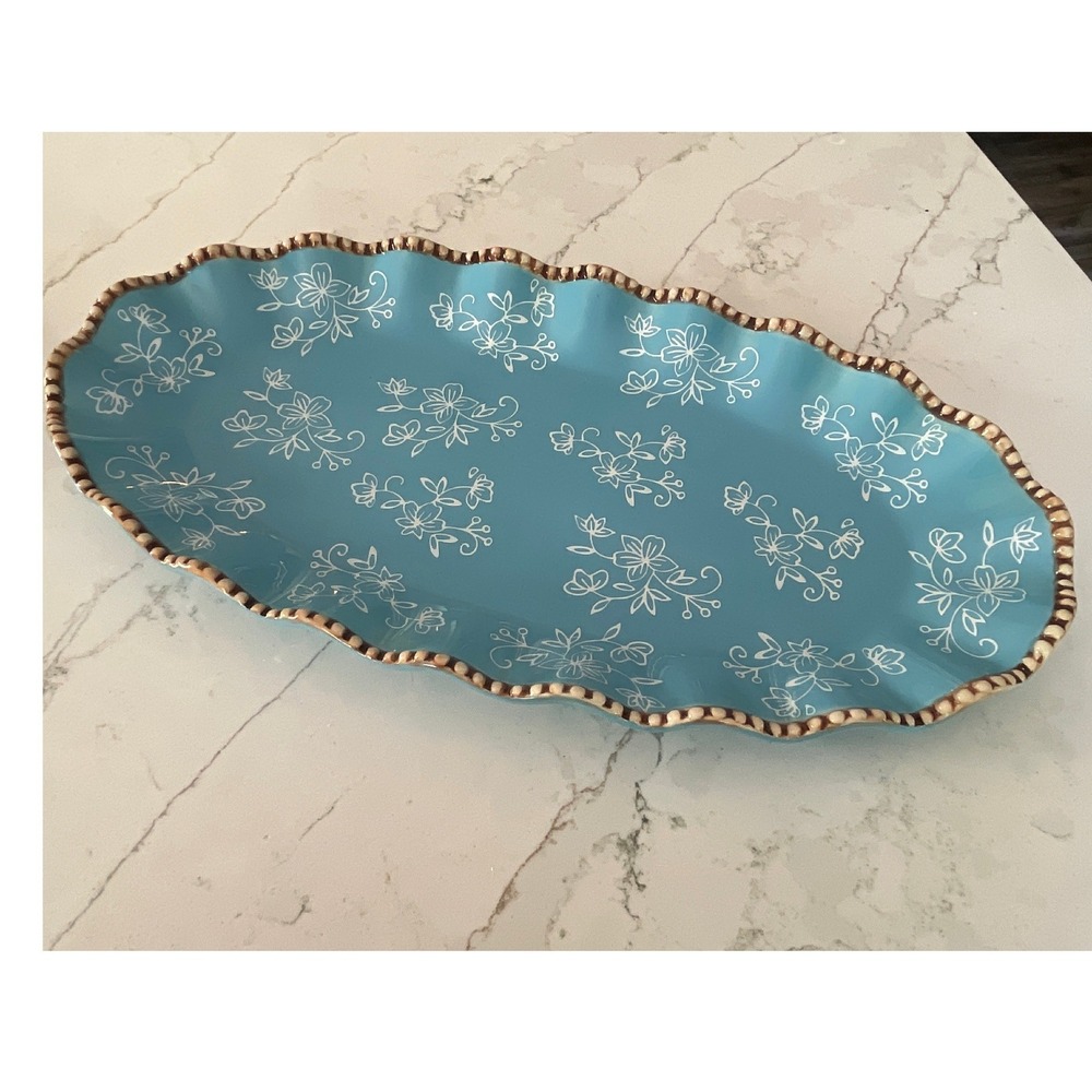 Temp-tations by Tara Floral Lace Turquoise Blue Oval Serving Platter 16.5"